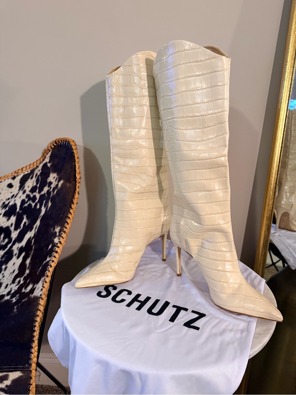 NWT/Box/Dust-bag SCHUTZ Cream Croc-Embossed Over-the-Knee Stiletto Boots